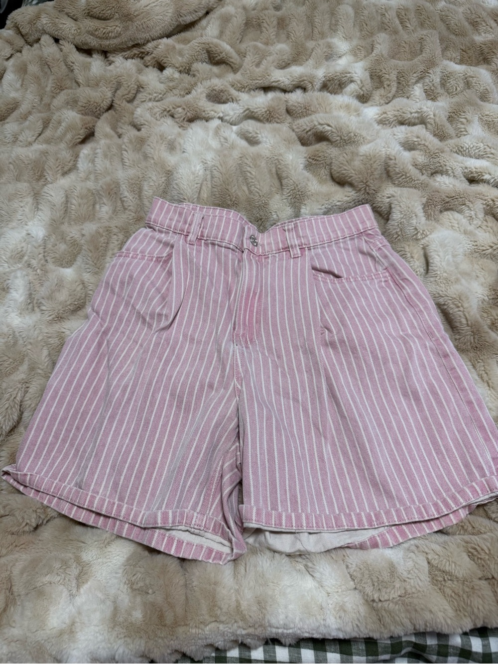 Mango pinstripe white and pink denim shorts